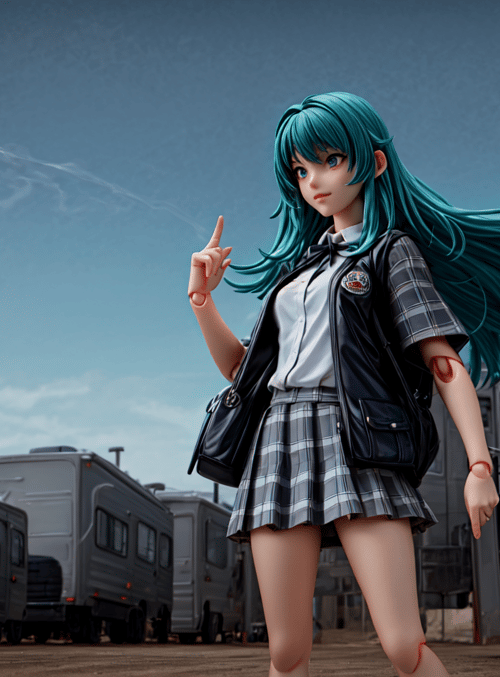 anime girl, school uniform, train, van, truck, skirt, jacket, hair, bag, finger