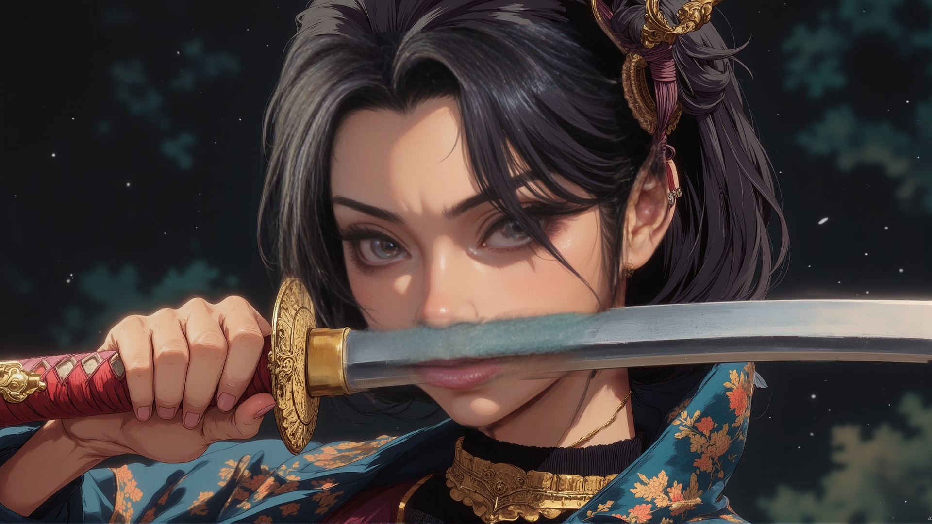 AI generated wallpaper featuring woman, sword, knight