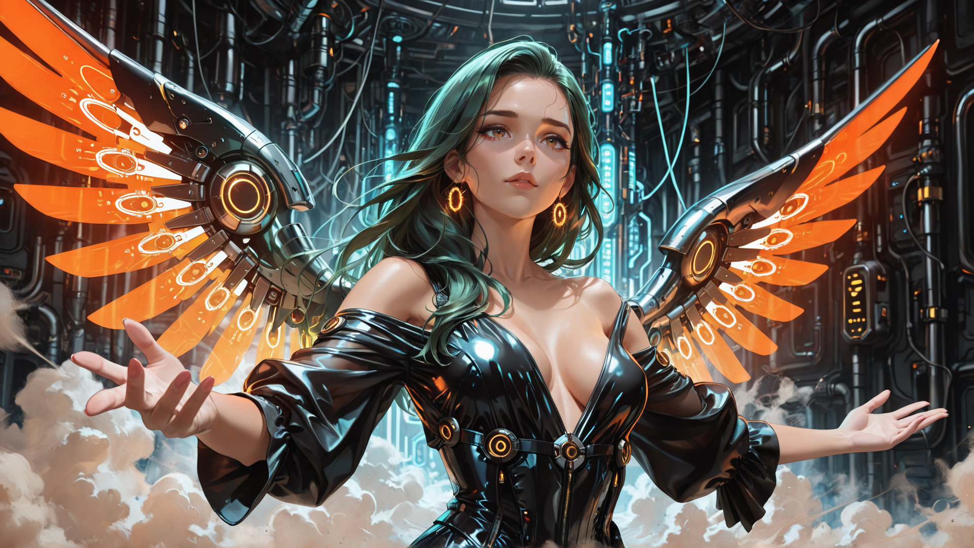 AI generated wallpaper featuring woman, cyborg, wings, robot, futuristic