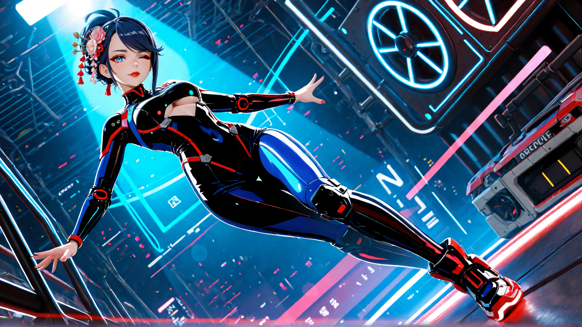 AI generated wallpaper featuring cyberpunk, girl, neon, futuristic, space