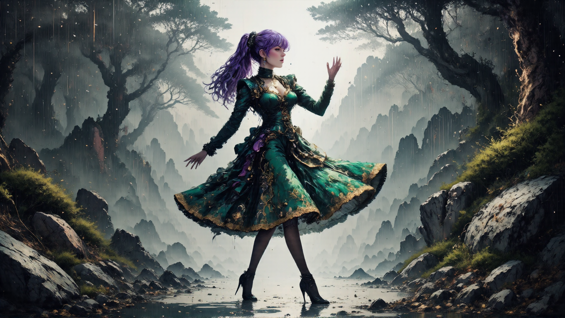 AI generated wallpaper featuring woman, dress, nature