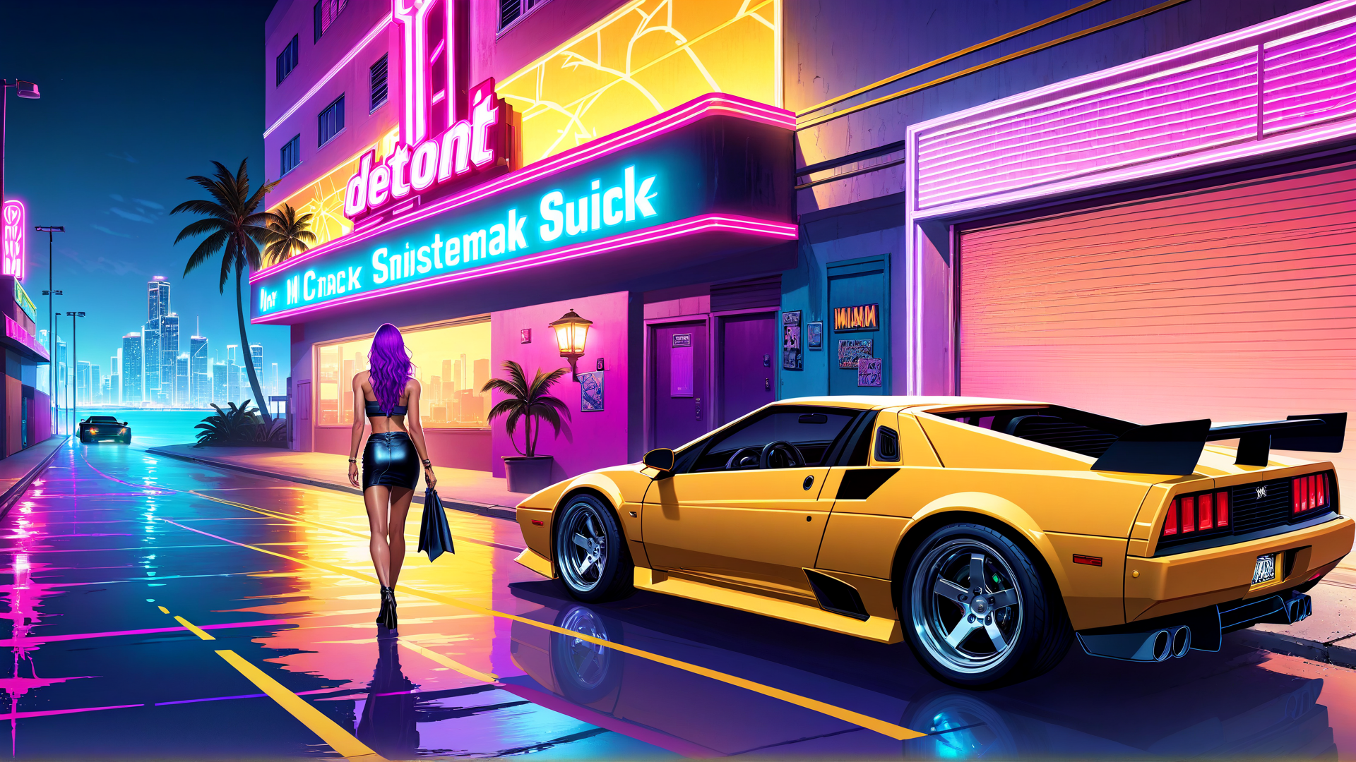 AI generated wallpaper featuring woman, car, neon sign