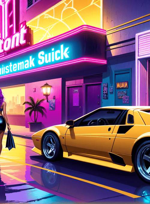 woman, car, neon sign
