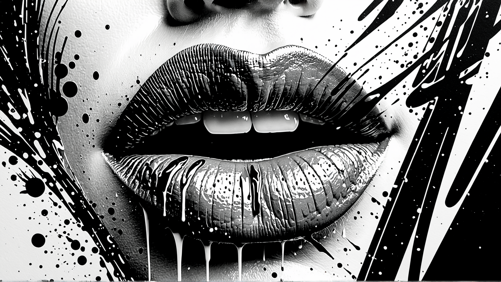 AI generated wallpaper featuring lips, splatter, ink, gloss