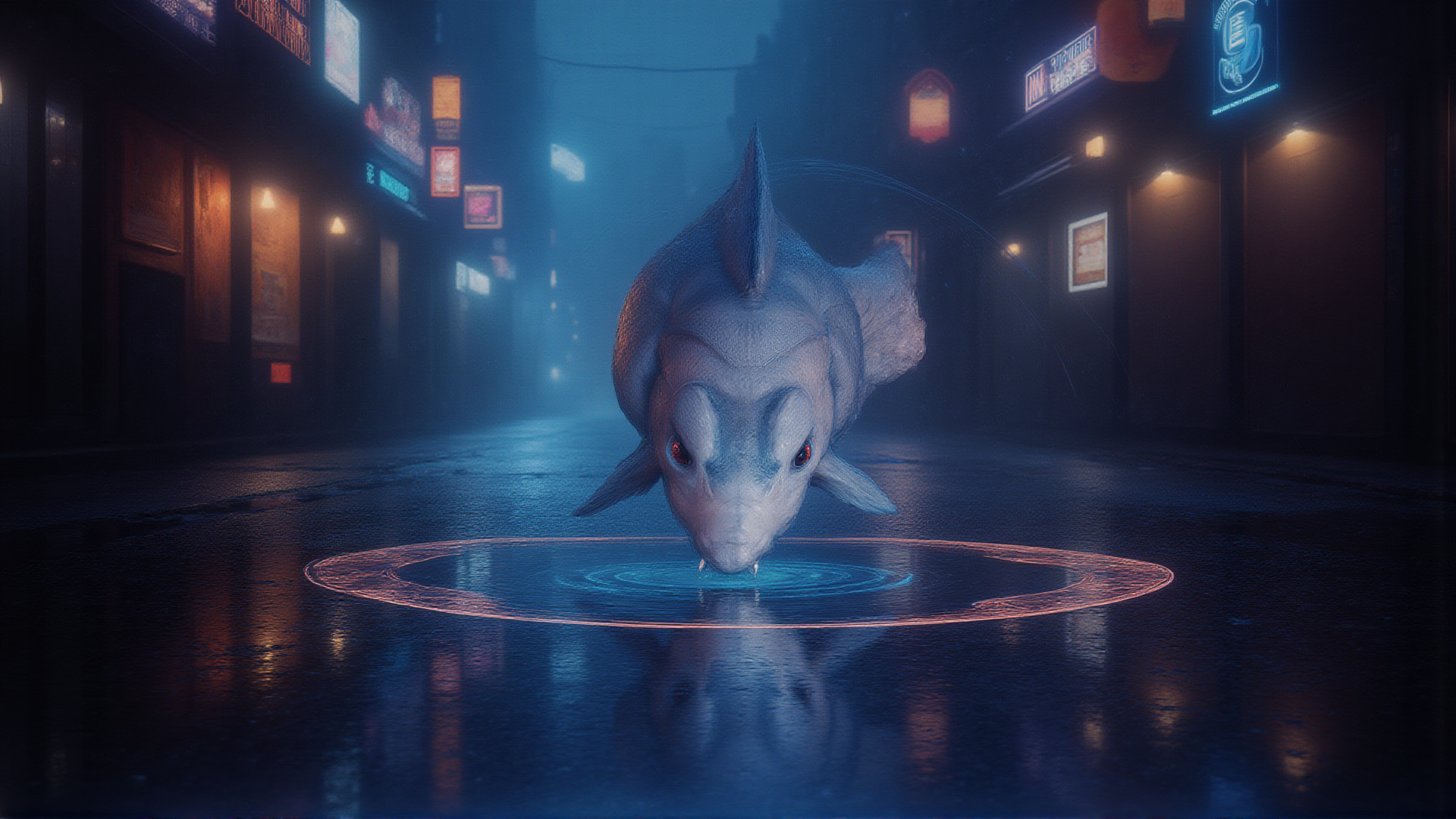 AI generated wallpaper featuring fish, neon, street, circle, reflection