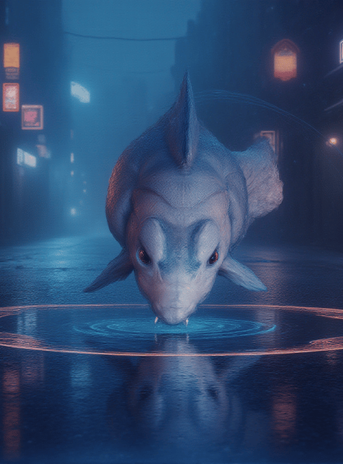 fish, neon, street, circle, reflection