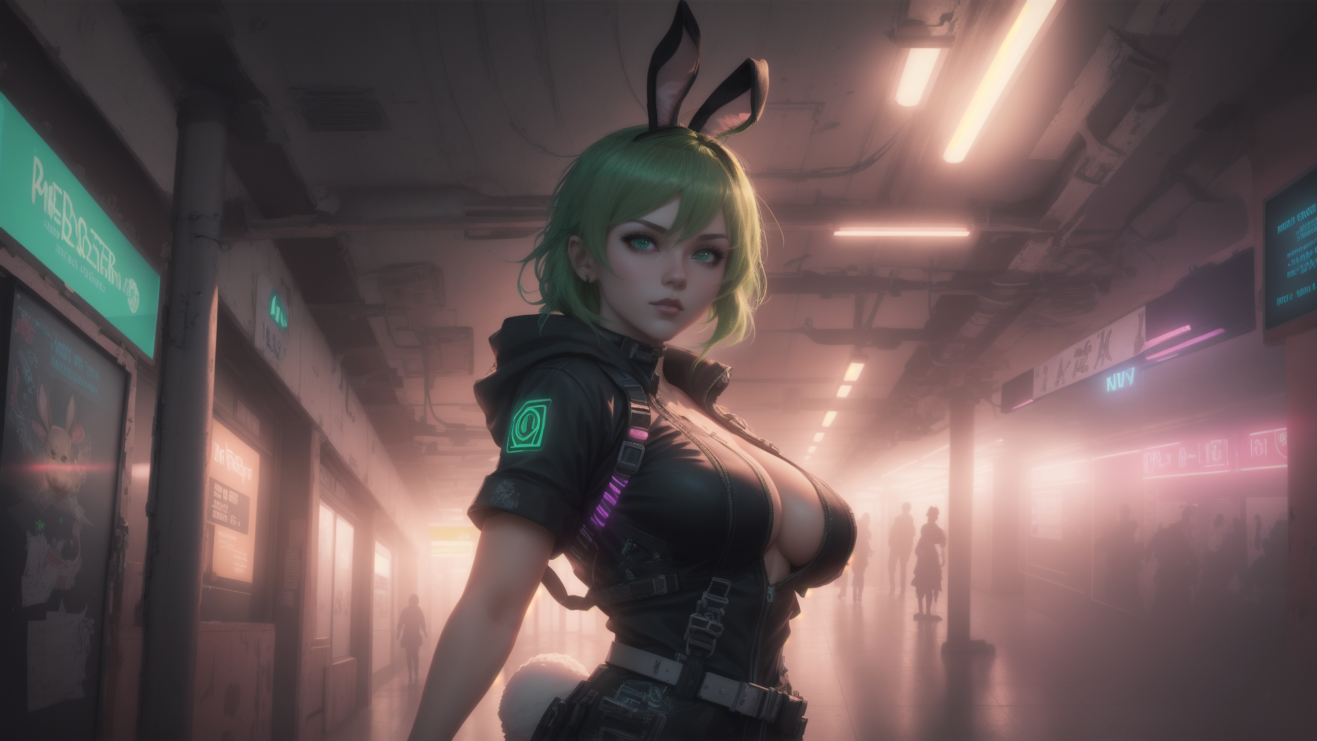 AI generated wallpaper featuring anime girl, bunny ears, cyberpunk