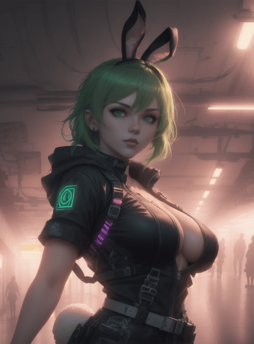 anime girl, bunny ears, cyberpunk