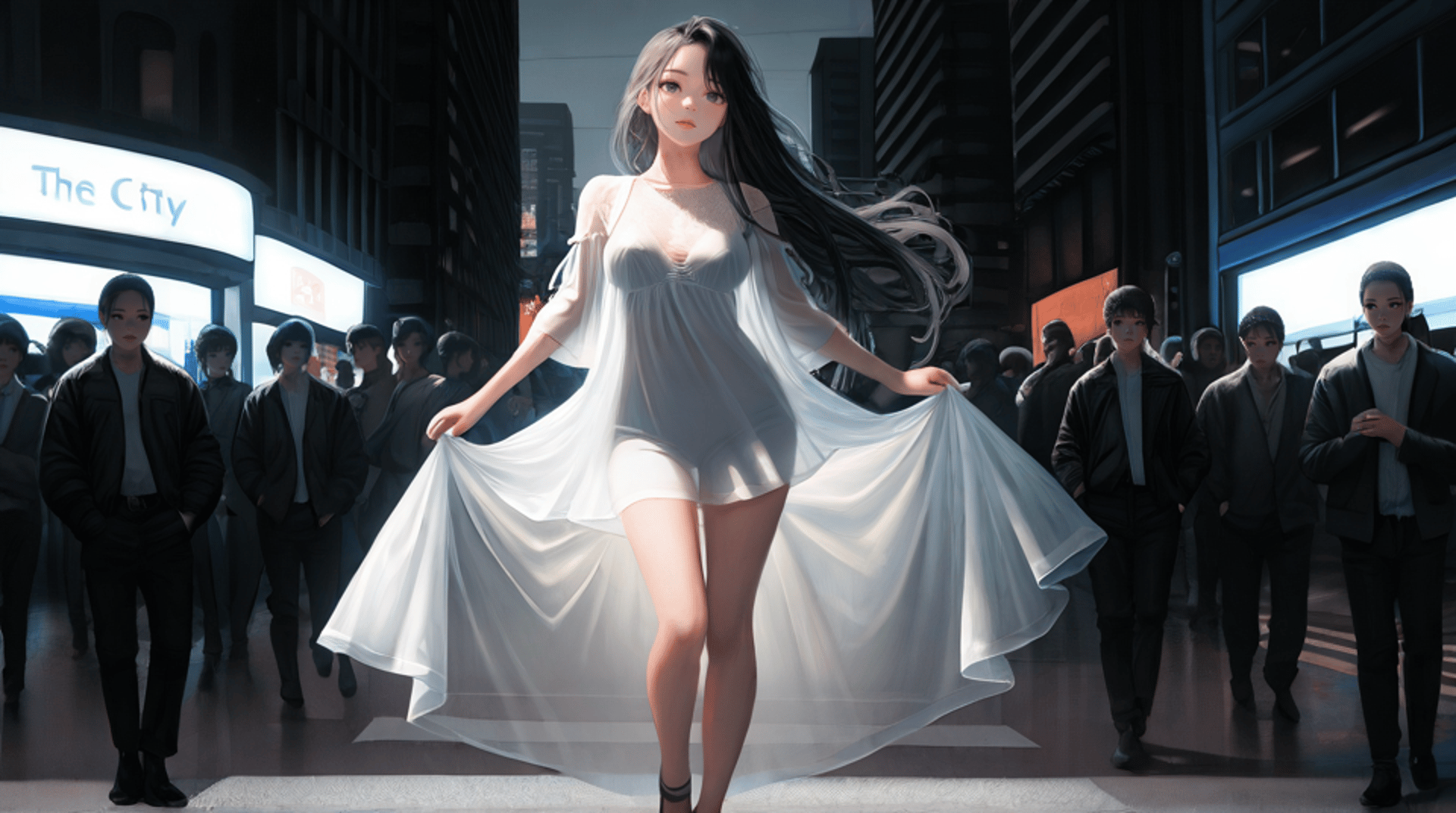 AI generated wallpaper featuring woman, dress, city