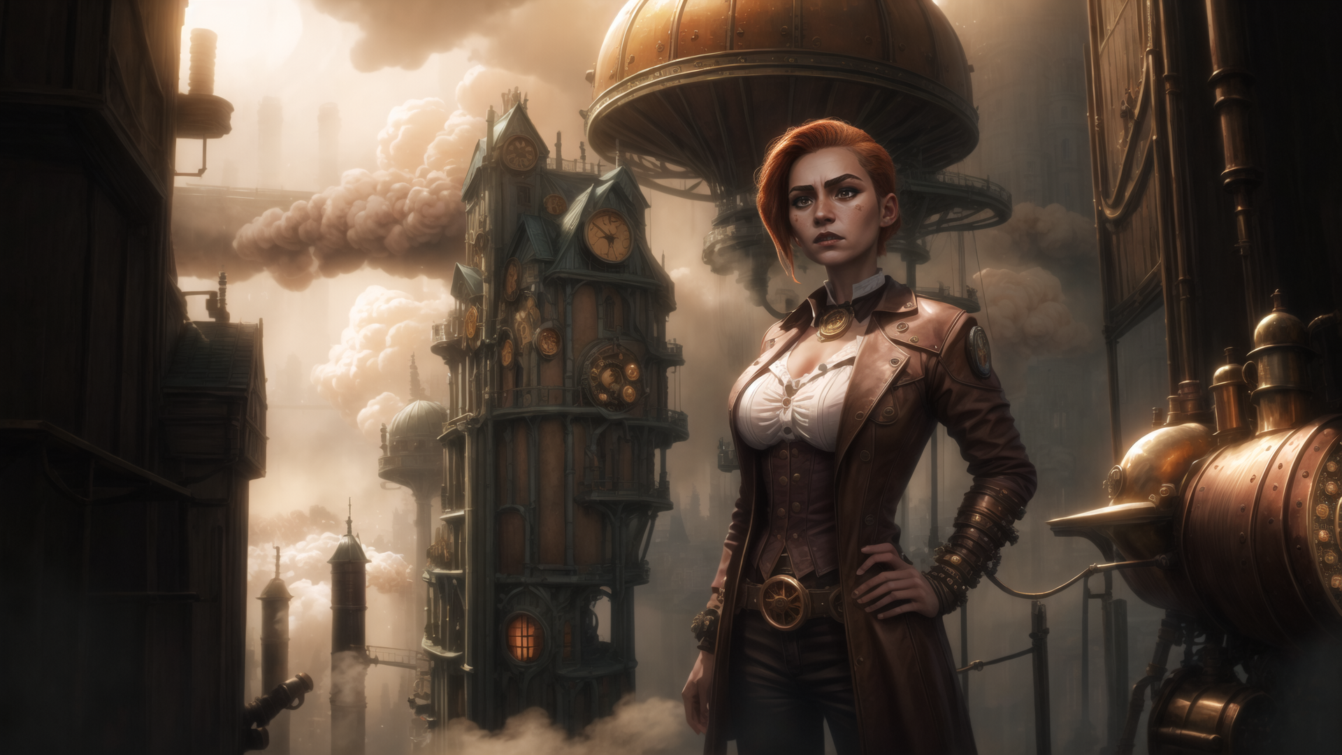 AI generated wallpaper featuring woman, steampunk, city