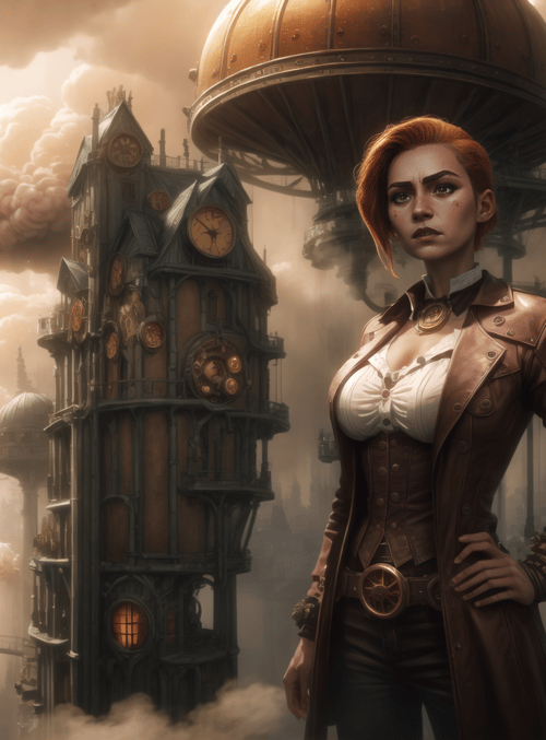 woman, steampunk, city