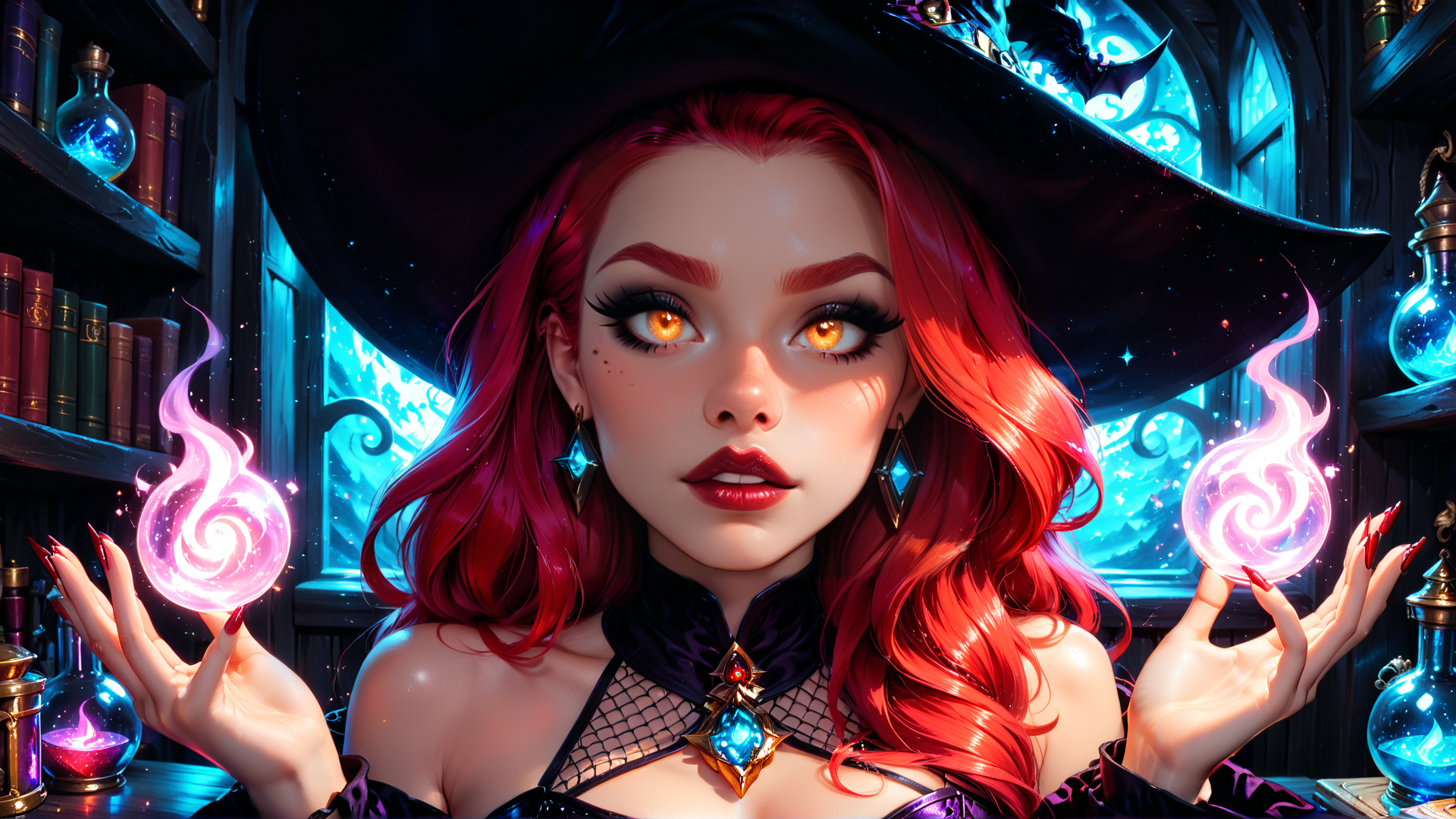 AI generated wallpaper featuring witch, red hair, crystal balls, books, hat, ears, lips, choker, nails