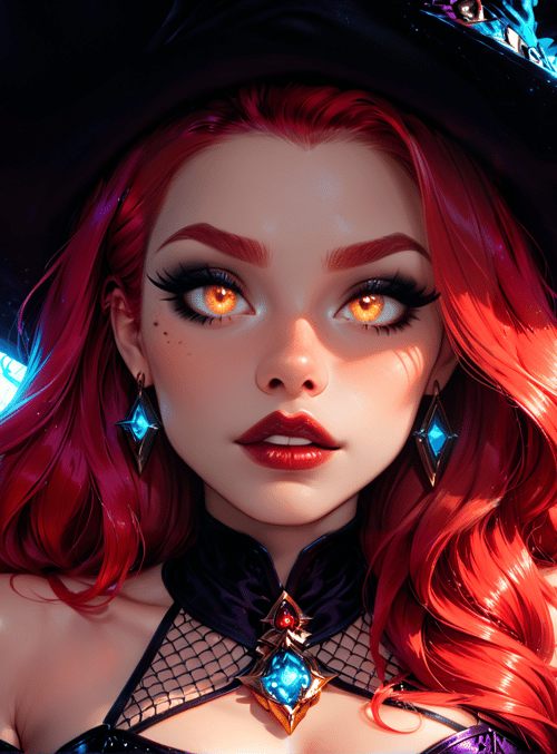 witch, red hair, crystal balls, books, hat, ears, lips, choker, nails