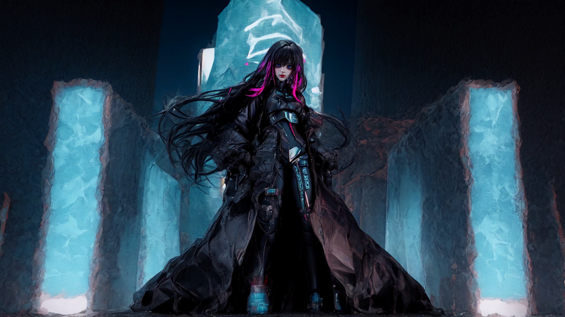 AI generated wallpaper featuring cyberpunk woman, futuristic figure