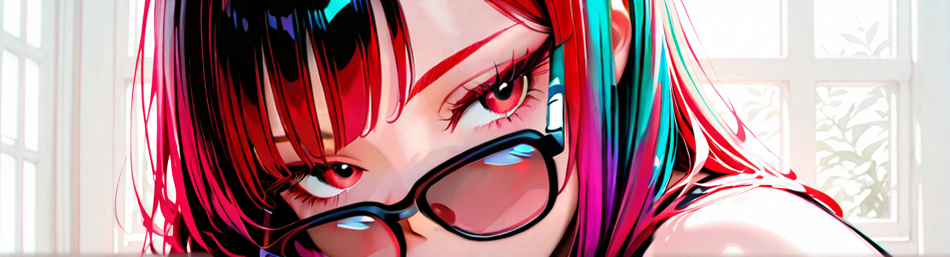 AI generated wallpaper featuring girl, anime, glasses, hair, window