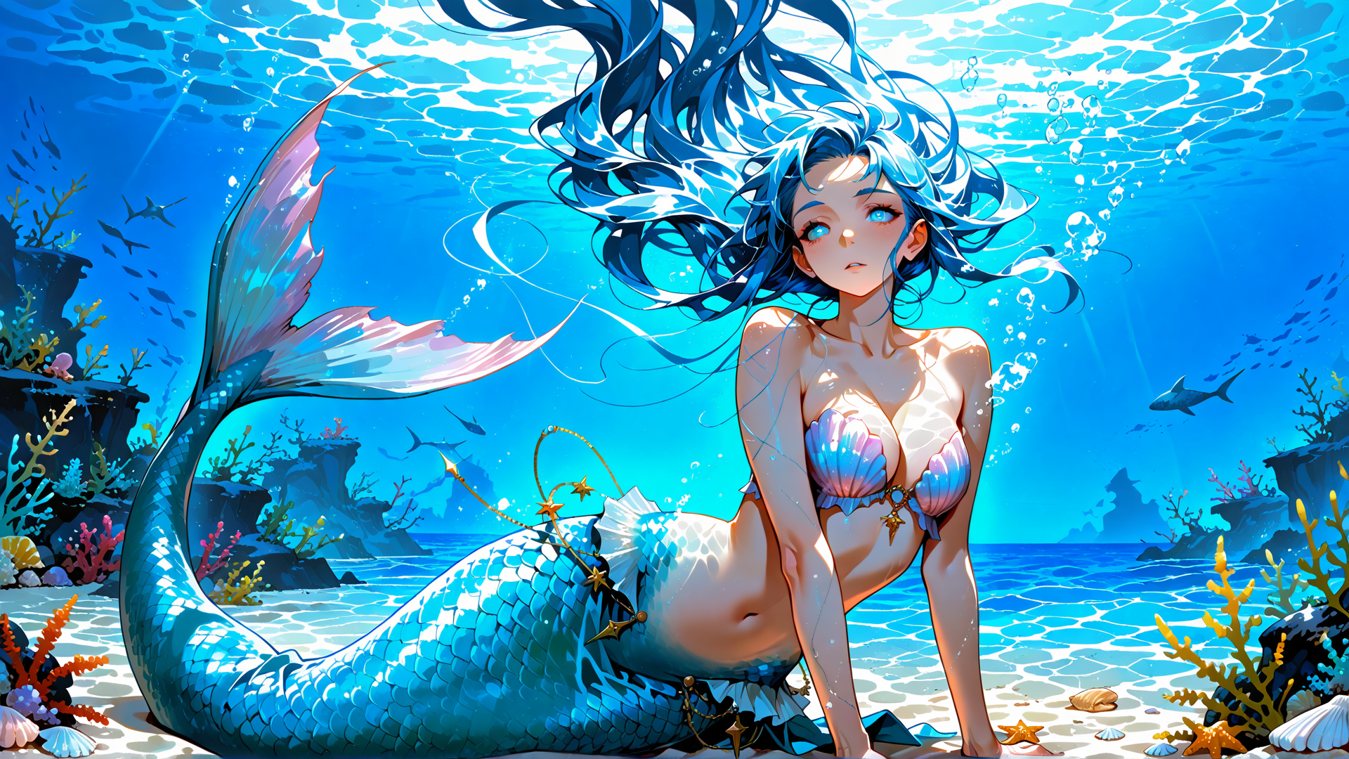 AI generated wallpaper featuring mermaid, fish, coral, seaweed, starfish, bubbles, shells, sunlight, ocean, rays