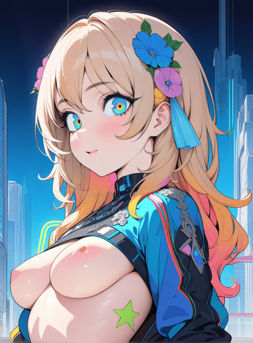 anime girl, cityscape, neon signs, flowers, buildings