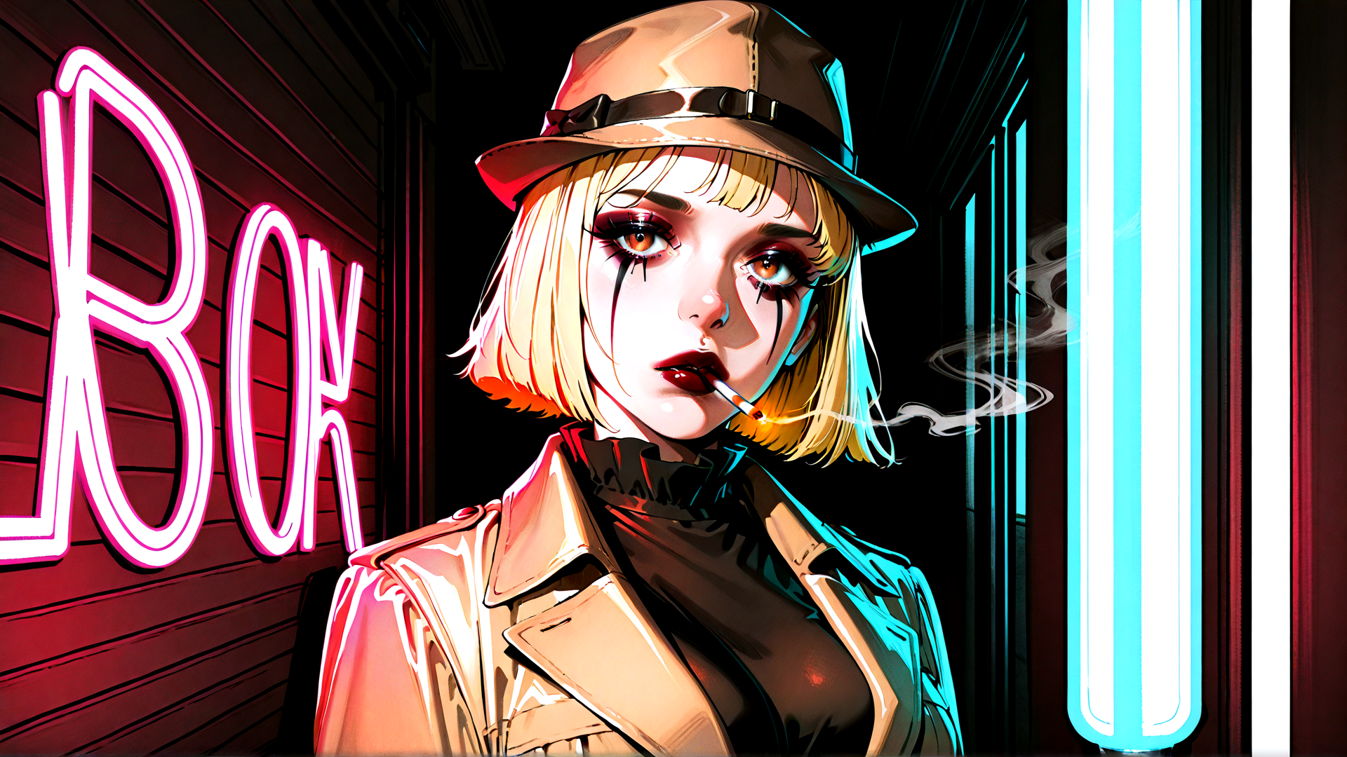 AI generated wallpaper featuring woman, neon, hat, cigarette, jacket, building