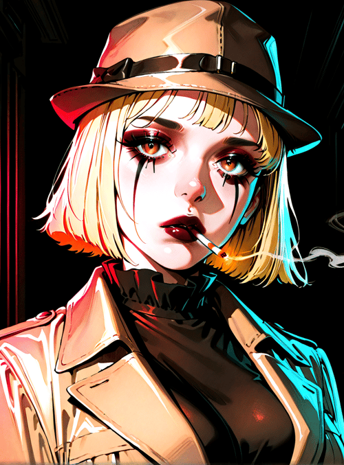 woman, neon, hat, cigarette, jacket, building