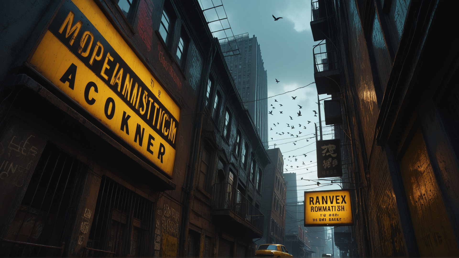 AI generated wallpaper featuring street, buildings, signs, birds, taxi, graffiti, skyline, city, narrow alley, urban