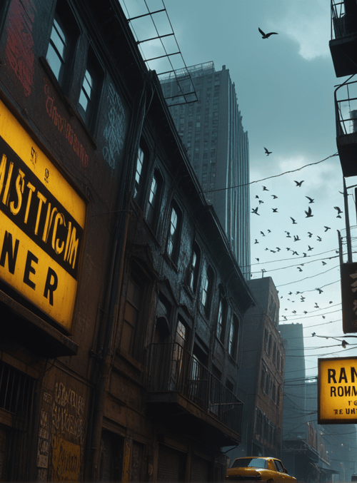 street, buildings, signs, birds, taxi, graffiti, skyline, city, narrow alley, urban