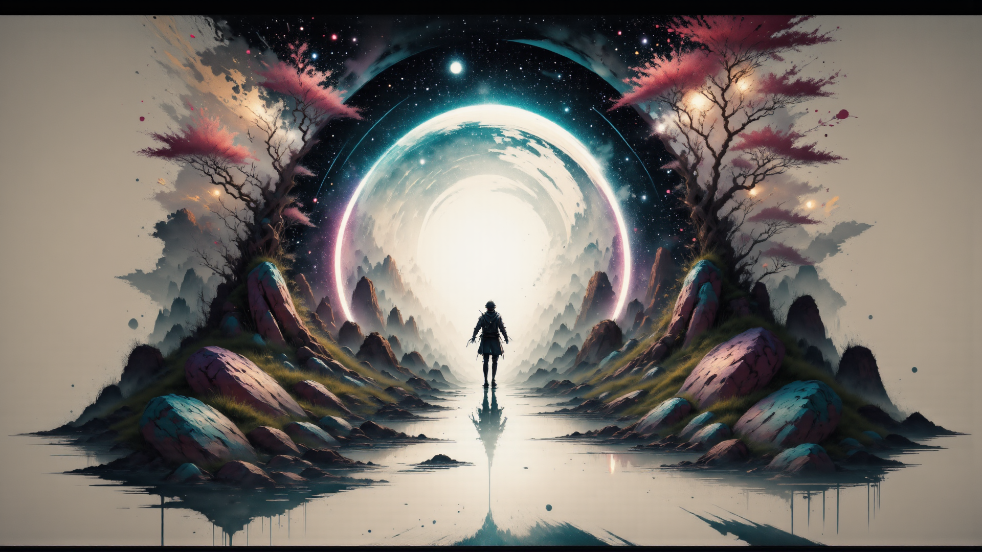 AI generated wallpaper featuring person, trees, mountains, moon, water