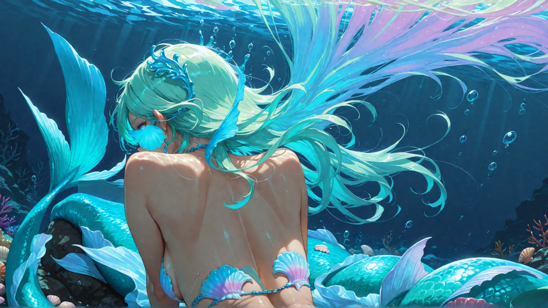 AI generated wallpaper featuring mermaid, fish, coral, bubbles, seashell, water