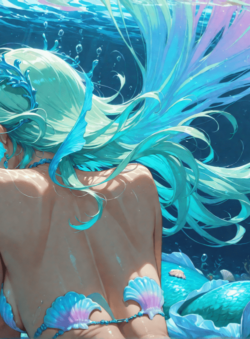 mermaid, fish, coral, bubbles, seashell, water