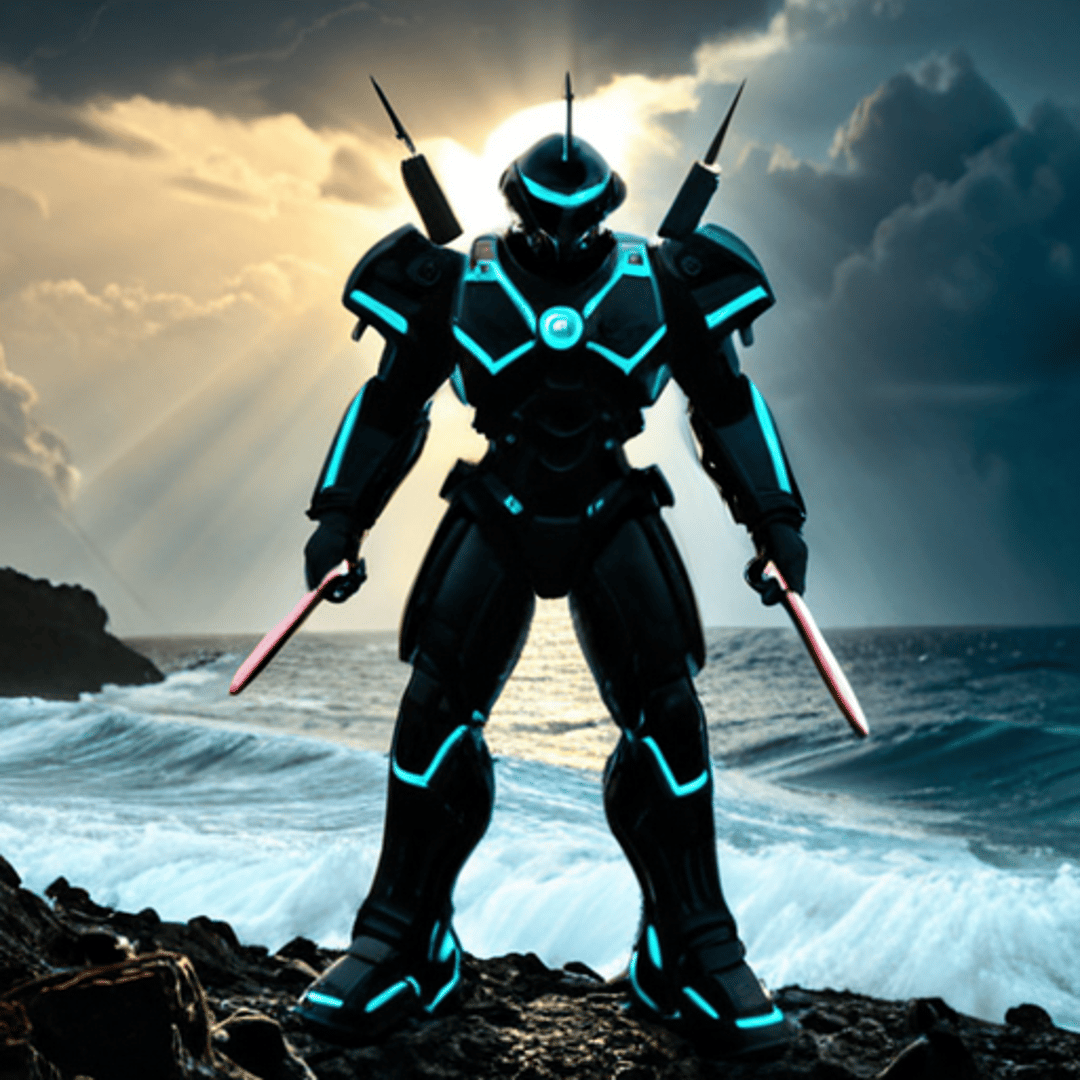 AI generated wallpaper featuring robot, swords, ocean
