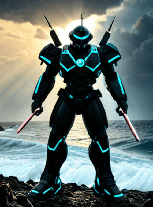 robot, swords, ocean
