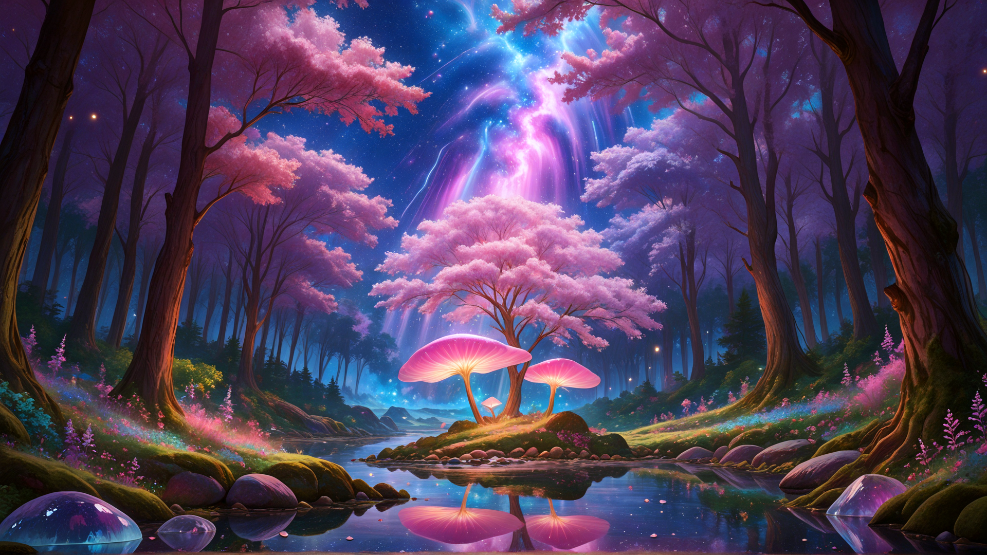AI generated wallpaper featuring trees, mushrooms, river, flowers, cherry tree, forest, sky, stars, crystals, mountains
