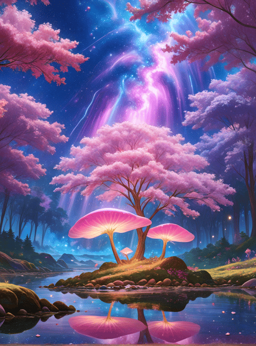 trees, mushrooms, river, flowers, cherry tree, forest, sky, stars, crystals, mountains