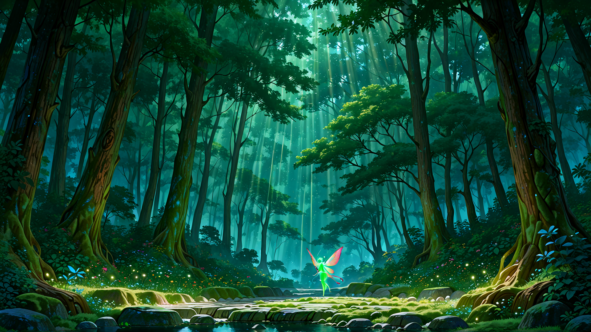 AI generated wallpaper featuring fairy, forest, trees, sunlight, stream, moss, flowers, river, glowing, butterfly