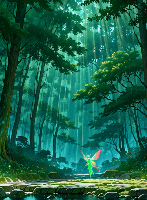 fairy, forest, trees, sunlight, stream, moss, flowers, river, glowing, butterfly