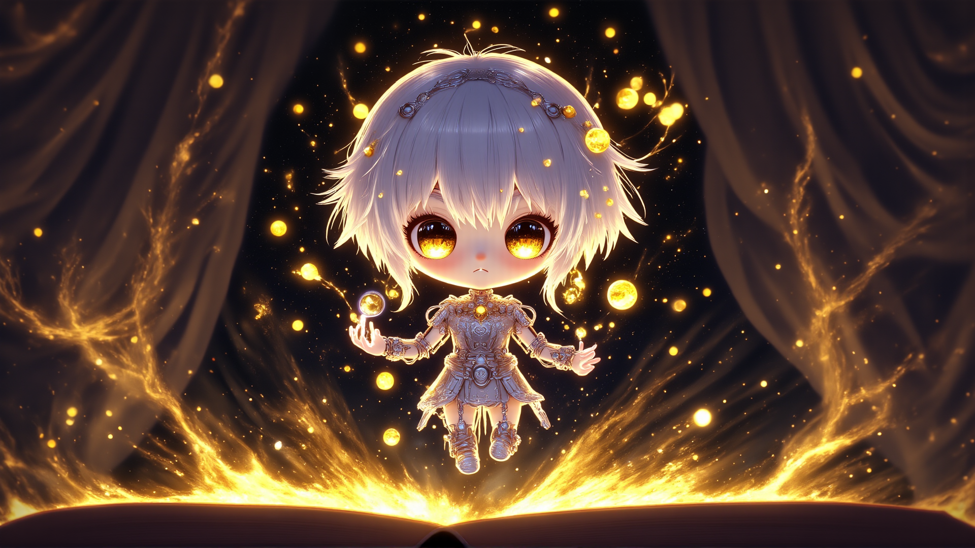 AI generated wallpaper featuring chibi girl, golden orbs, book