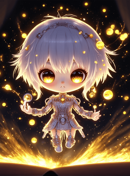 chibi girl, golden orbs, book
