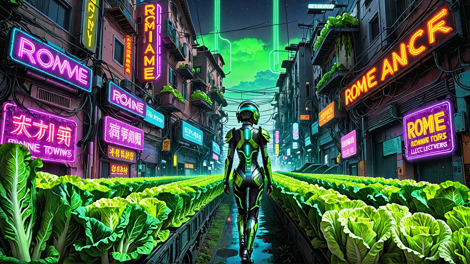 AI generated wallpaper featuring robot, neon signs, cabbage, city street, cyberpunk