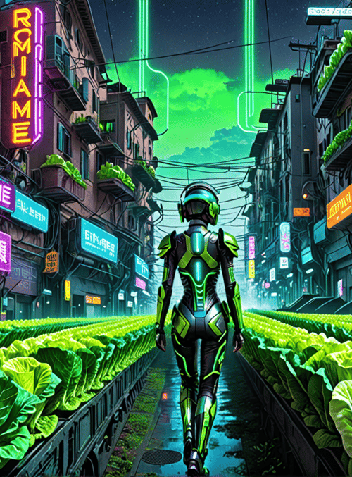 robot, neon signs, cabbage, city street, cyberpunk