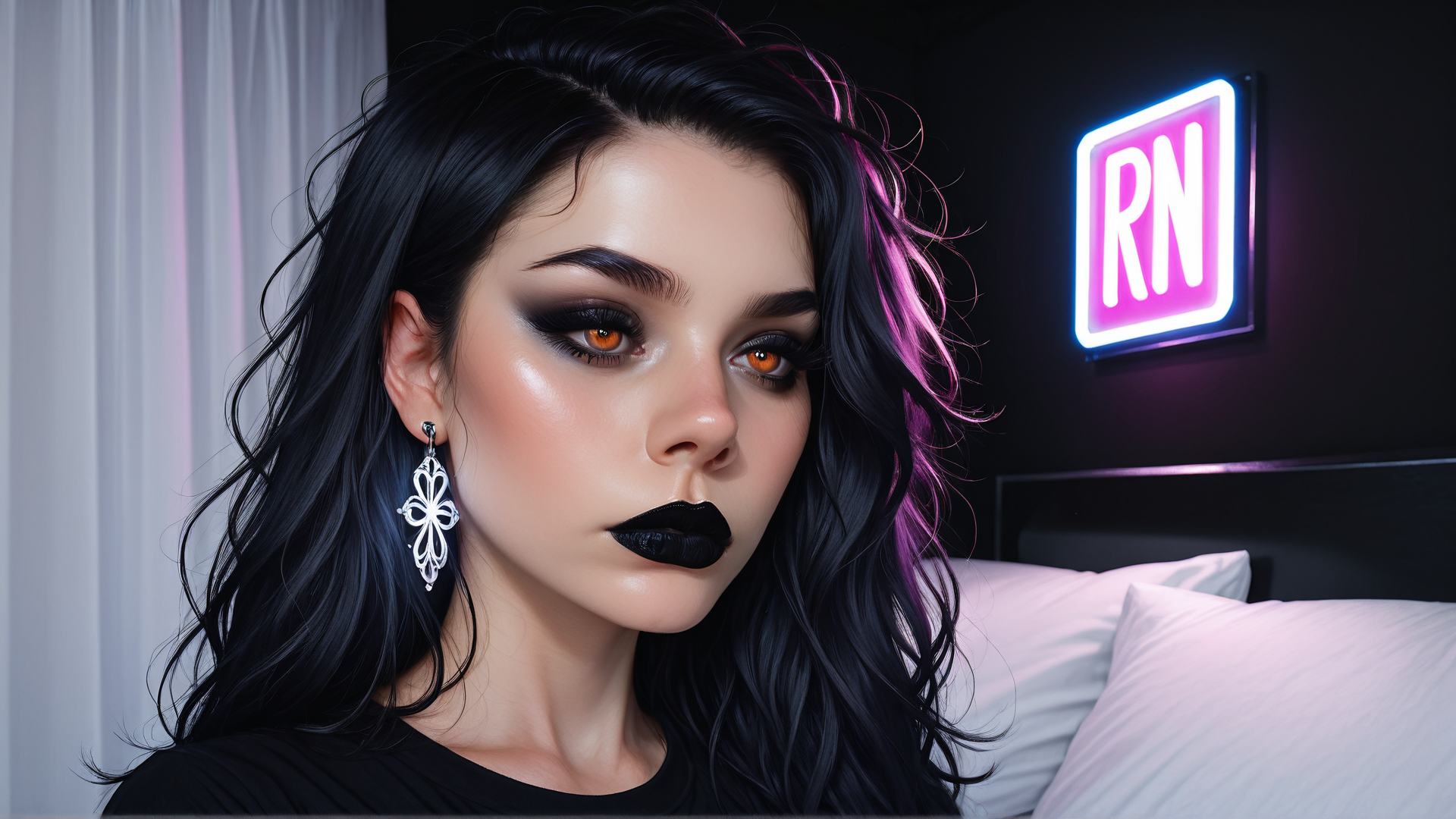 AI generated wallpaper featuring woman, hair, earrings, bedroom, neon sign