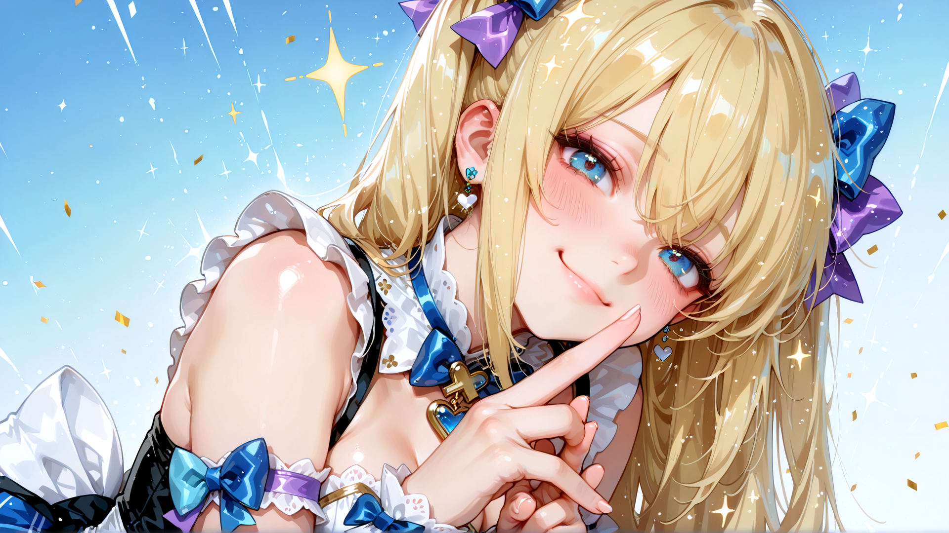 AI generated wallpaper featuring girl, blonde, bow, dress, finger, earring, star, confetti, lady, crown