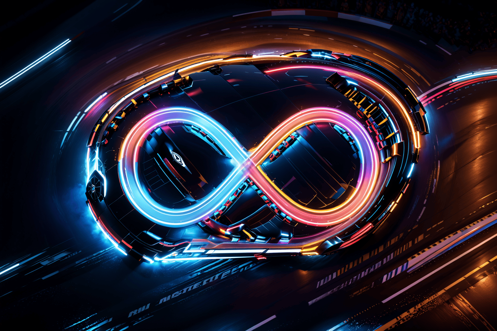 AI generated wallpaper featuring infinite symbol, neon lights, futuristic vehicle