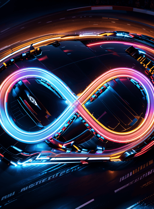 infinite symbol, neon lights, futuristic vehicle