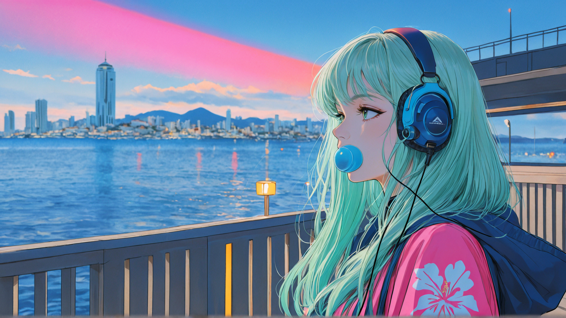 AI generated wallpaper featuring girl, headphones, ocean, cityscape, sky, bridge, hair, clothing
