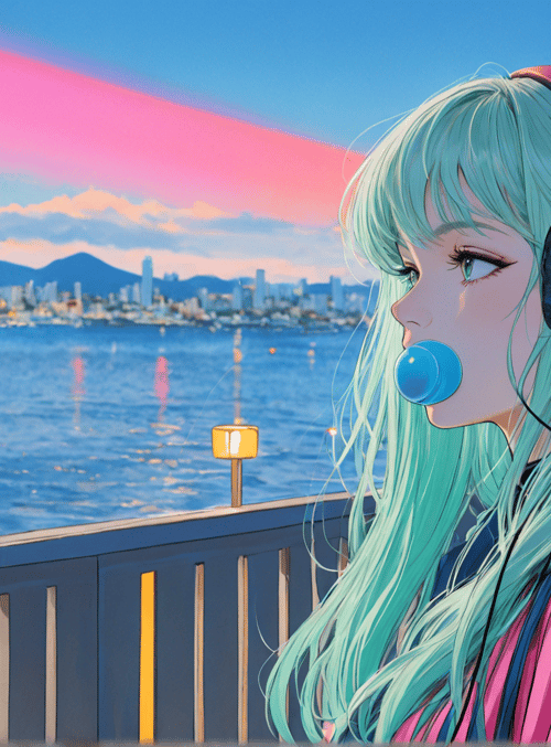 girl, headphones, ocean, cityscape, sky, bridge, hair, clothing