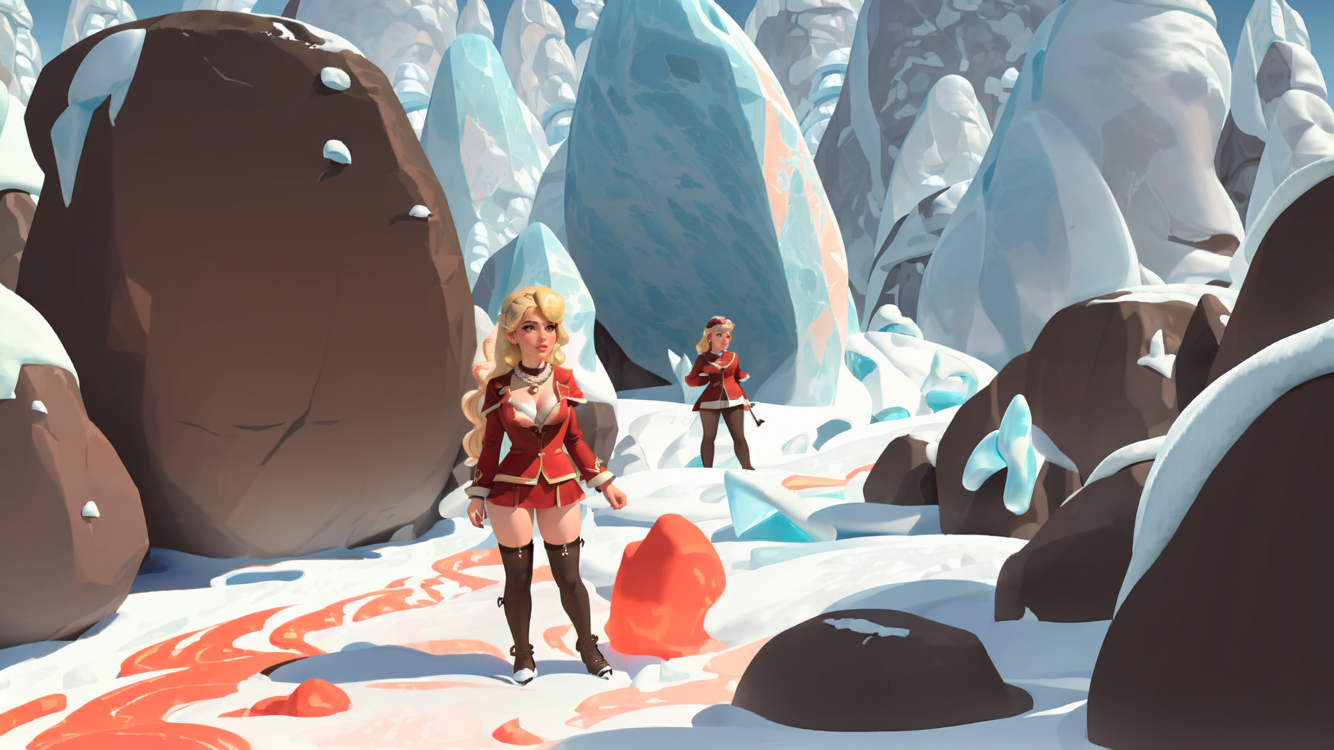 AI generated wallpaper featuring women, ice, rocks, crystals, suits