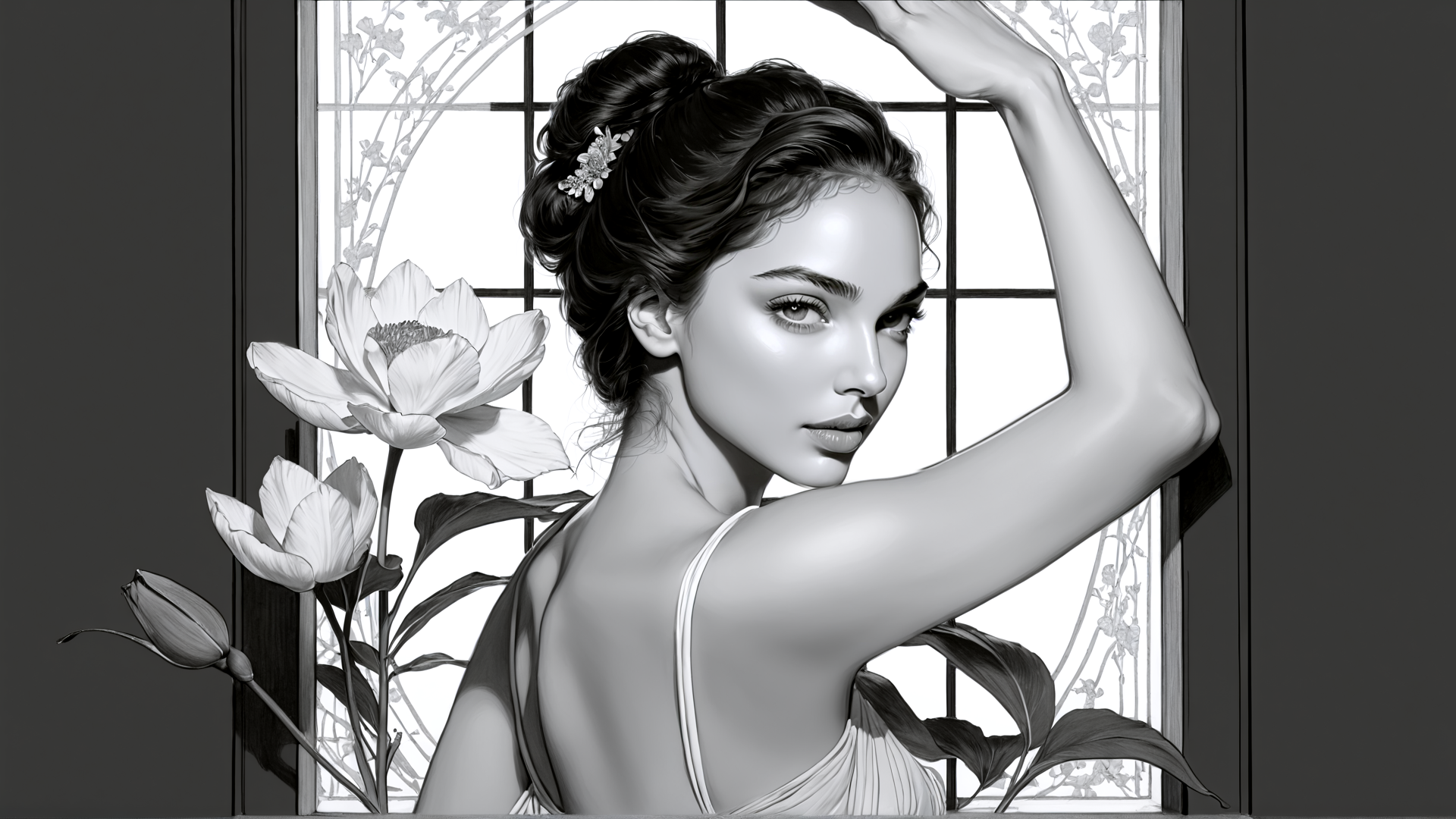 AI generated wallpaper featuring woman, flower, window