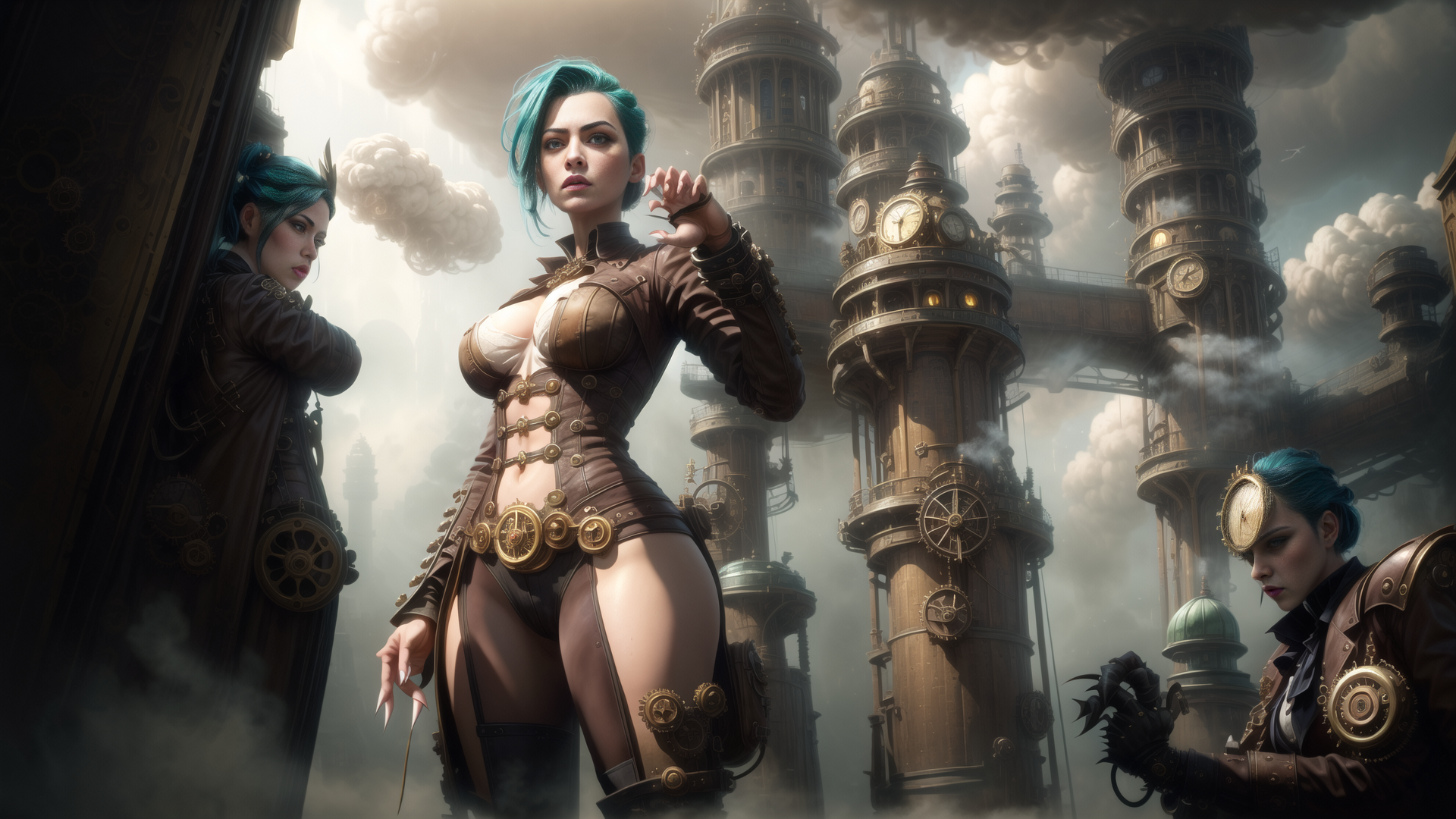 AI generated wallpaper featuring woman, steampunk, clock tower