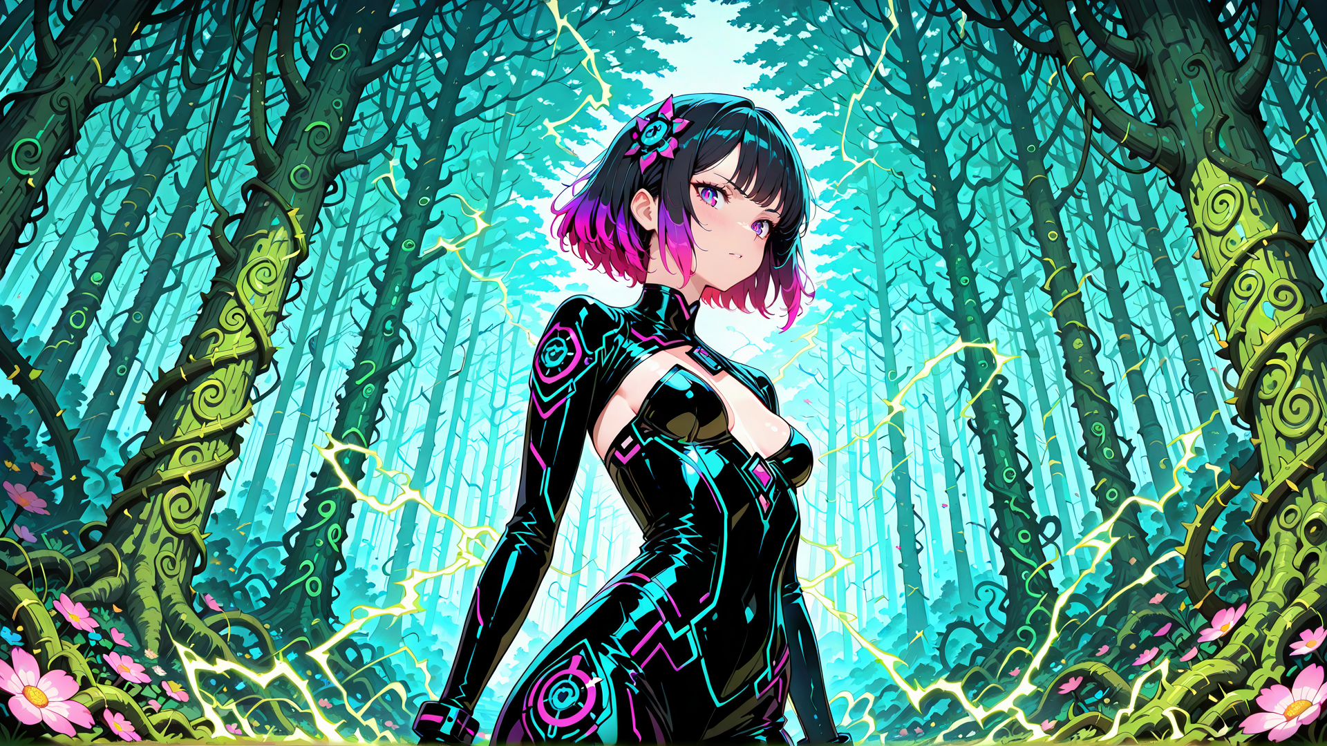 AI generated wallpaper featuring anime girl, cyberpunk, forest, trees, flowers, electricity, outfit, hair, nature, silk