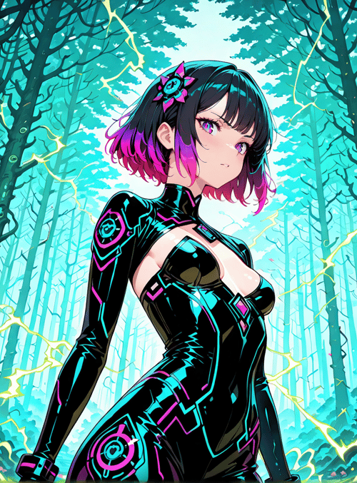 anime girl, cyberpunk, forest, trees, flowers, electricity, outfit, hair, nature, silk