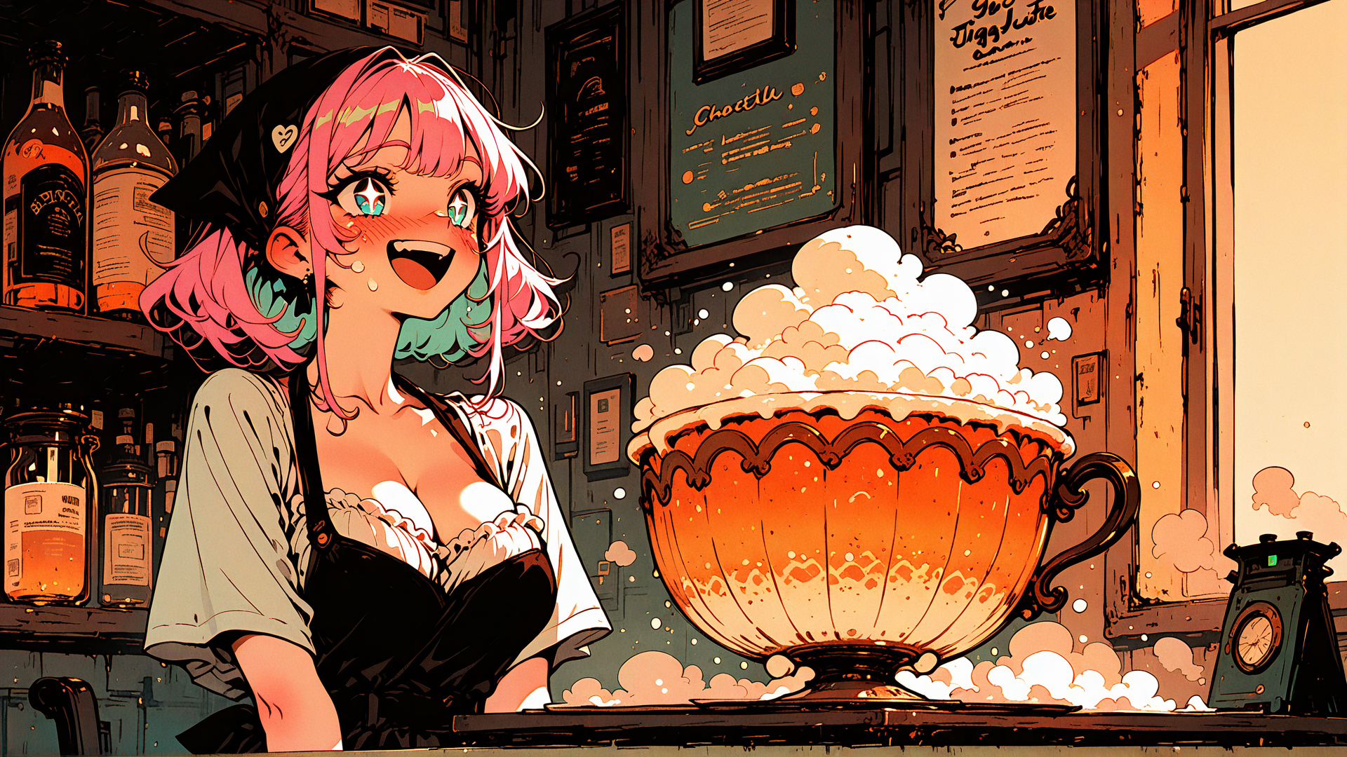 AI generated wallpaper featuring girl, bar, cup, bottle, menu, clock, barista, foam, shelves, apron